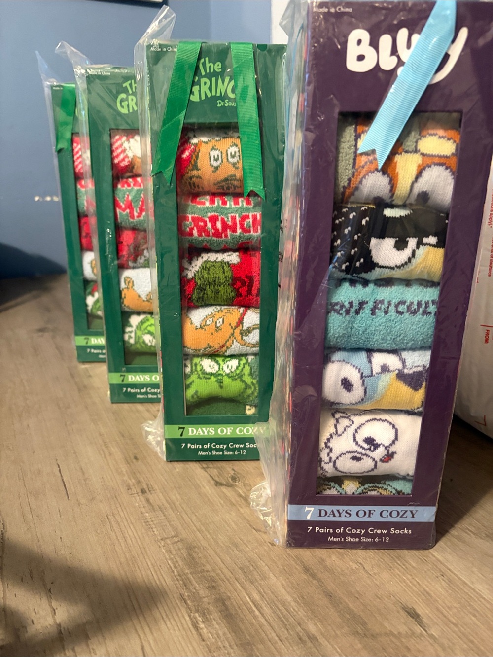 The Grinch or Bluey 7-Pack Cozy Crew Socks - choose 1